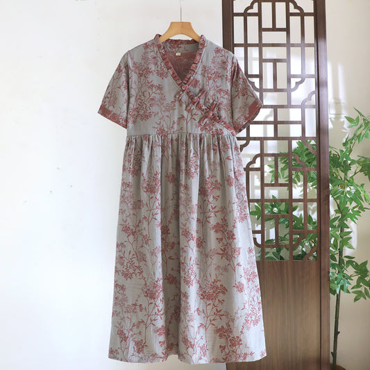 Oriental-Inspired Branch & Floral Cotton Nightgown - Gray - XXL - image 0