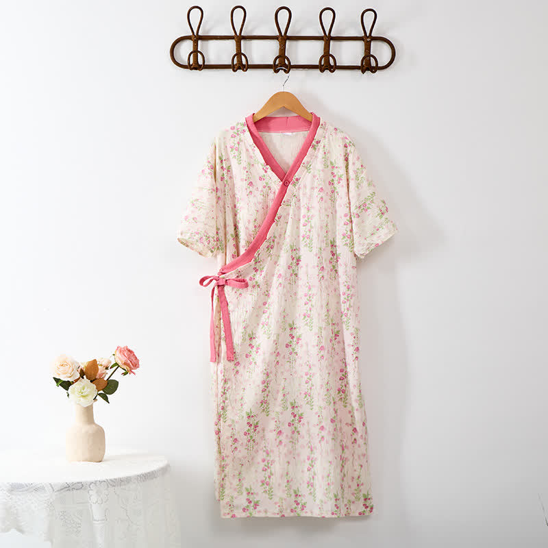Elegant Floral Print Tie-Back Nightgown with Pocket - image 9