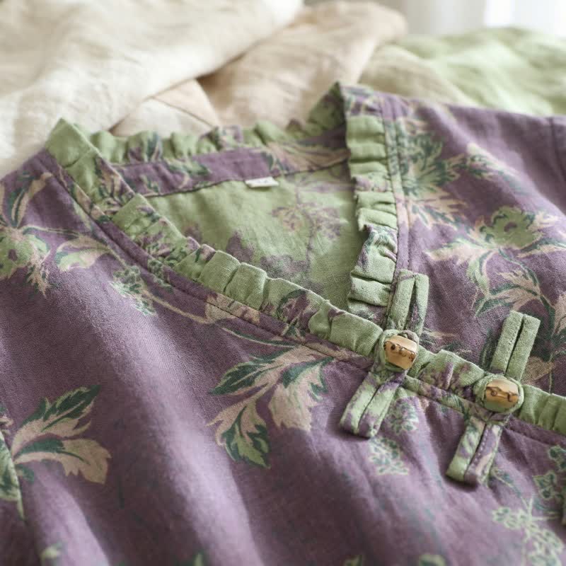 Oriental-inspired Peony & Leaf Cotton Nightgown - image 5