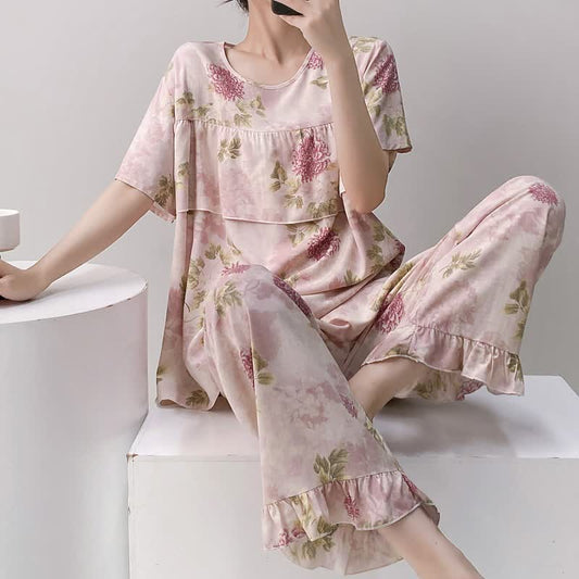 Round Neck Pink Chrysanthemum Pajama Set - image 1