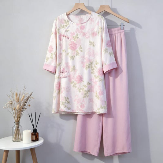 Elegant Chrysanthemum Eastern-Inspired Loungewear Set - Pink - One Size - image 0