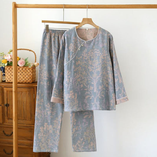 Eastern-Inspired Floral Cotton Pajama Set - Grey - XL - image 1