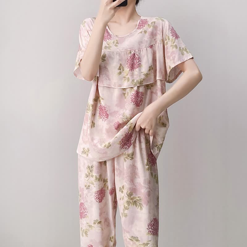 Round Neck Pink Chrysanthemum Pajama Set - image 4