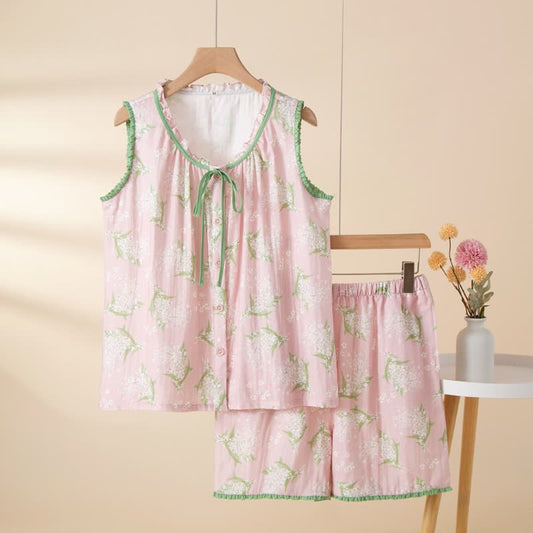 Baby's Breath Cotton Gauze Sleeveless Pajama Set - Pink - XL - image 0