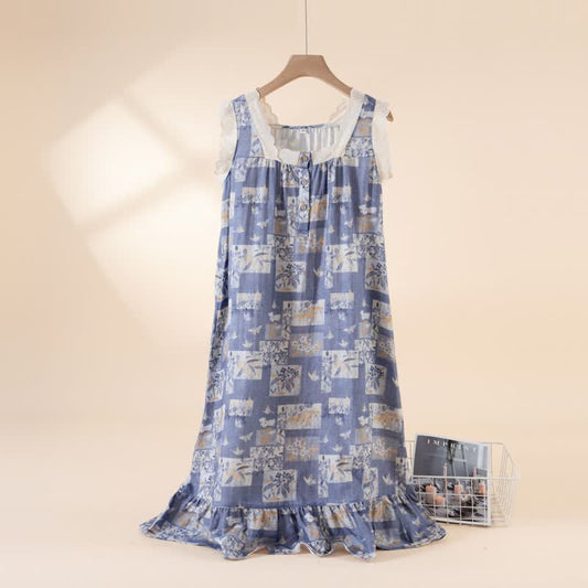 Cottage Butterfly Floral Cotton Sleeveless Nightgown - Blue - XL - image 0