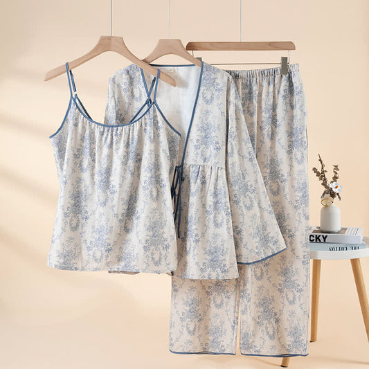 Botanical Print Cotton Loungewear Set(3PCS) - Blue - XL - image 1