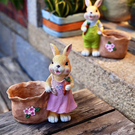 Resin Bunny Garden Succulent Planter Pot - Set (1 x Female Yellow Rabbit & 1 x Male Yellow Rabbit) - 2PCS - 8"H - image 1