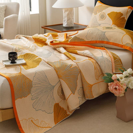 Ginkgo Leaf Cotton Gauze Quilt Blanket - Quilt with 2PCS Pillow Towels - Queen - image 0