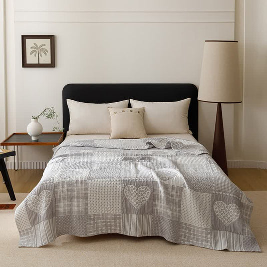 Patchwork Style Heart Cotton Gauze Quilt Blanket - Gray - Queen - image 0