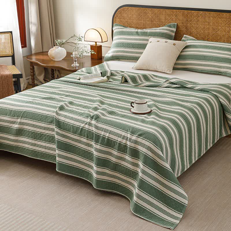 Minimalist Striped Cotton Gauze Quilt Blanket - Green - Quilt with 2PCS Pillow Towels - King - image 8