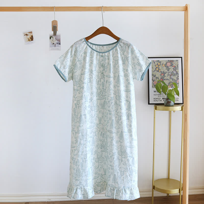 Rustic Mushroom & Bunny Cotton Nightgown - Green - XL - image 9