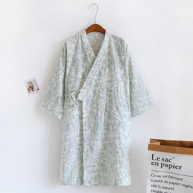 Mushroom & Bunny Cotton Gauze Kimono Robe - Green - L - image 10