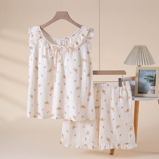 Cherry & Bunny Cotton Gauze Pajama Set - Beige - XL - image 0