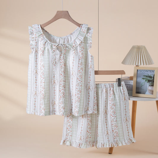 Floral Striped Bunny Cotton Gauze Pajamas - Green - XL - image 0