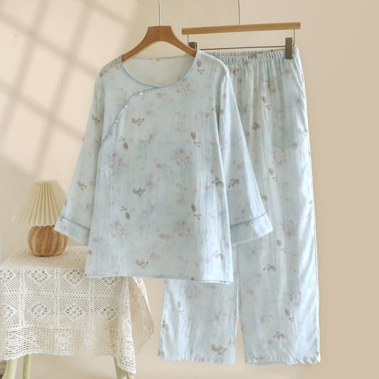 Elegant Bunny & Floral Cotton Gauze Pajama Set - Green - XL - image 0