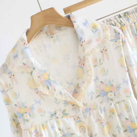 Bunny & Floral Cotton Gauze Pajama Set - image 1