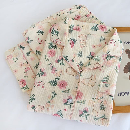 Pink Floral & Bunny Cotton Gauze Pajamas - image 1