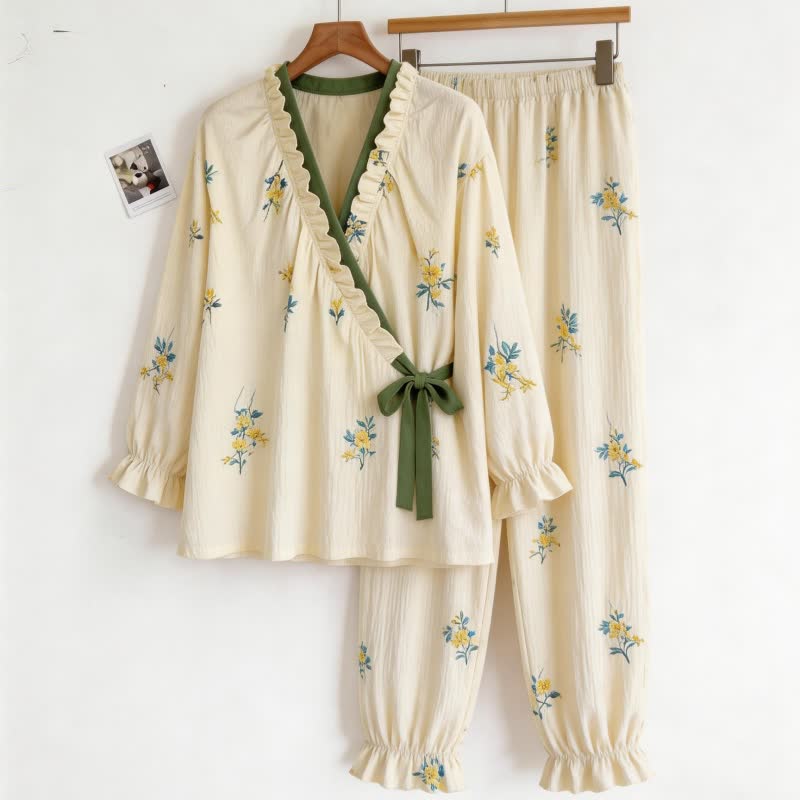 Ruffled Neck Botanical Floral Pajama Set - image 4