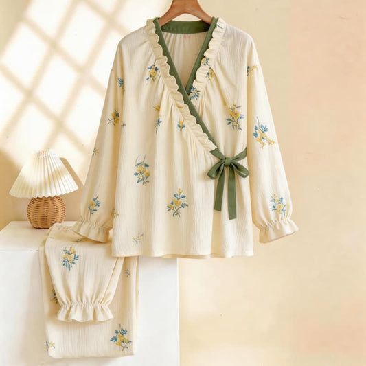 Ruffled Neck Botanical Floral Pajama Set - Beige - XL - image 0