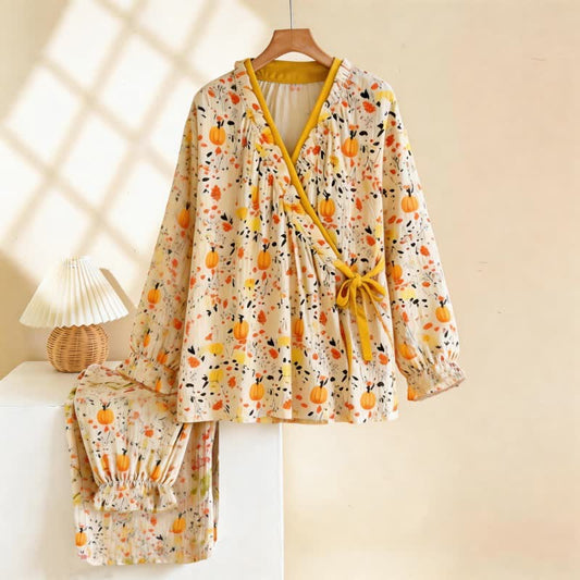 Ruffled Neck Yellow Floral Pajama Set - Orange - XL - image 0