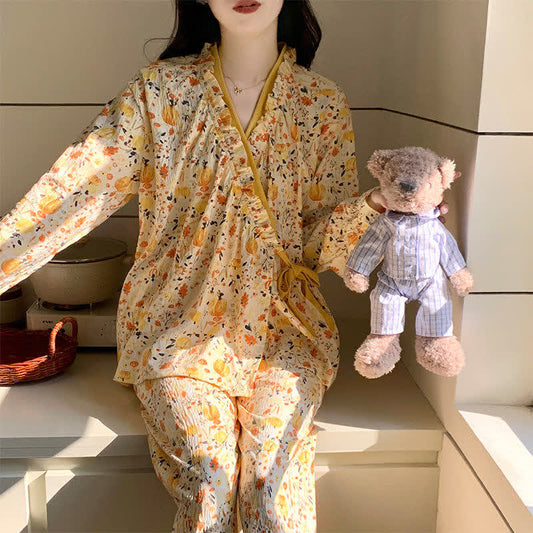 Ruffled Neck Yellow Floral Pajama Set - image 1