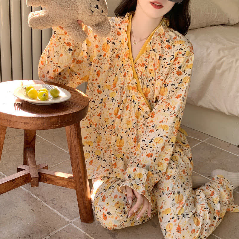 Ruffled Neck Yellow Floral Pajama Set - image 8