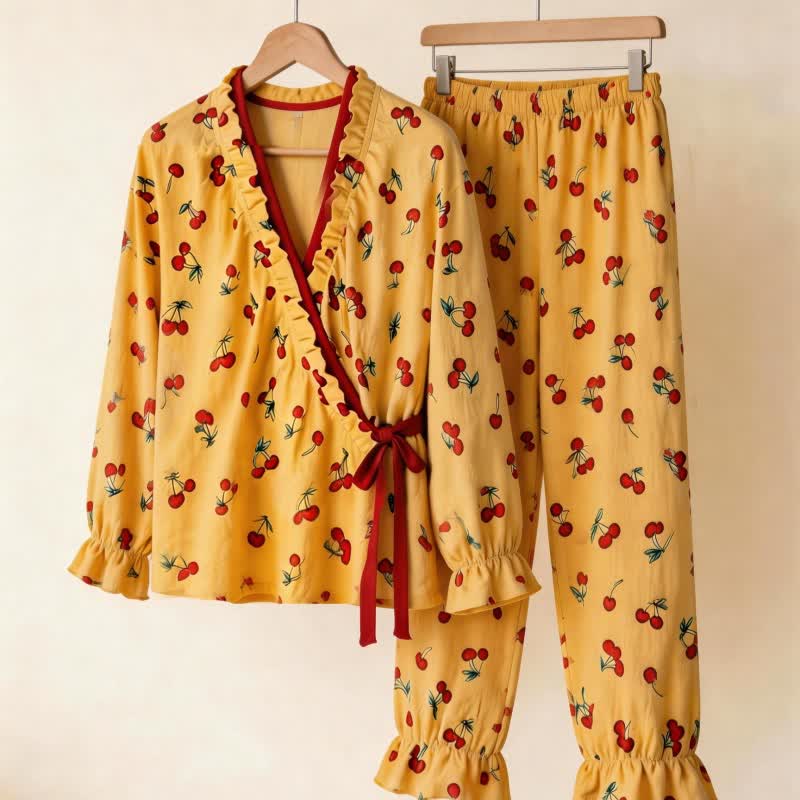 Ruffled Neck Cherry Print Pajama Set - image 3