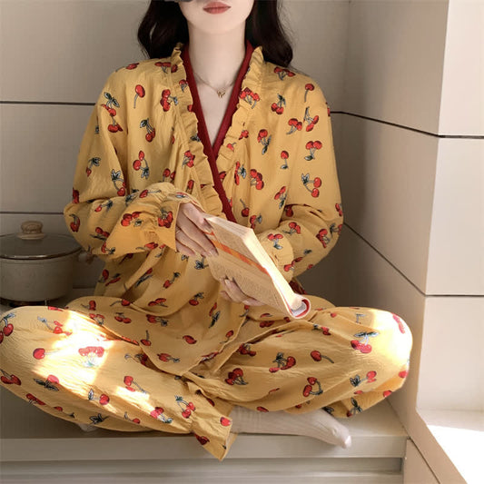 Ruffled Neck Cherry Print Pajama Set - image 1