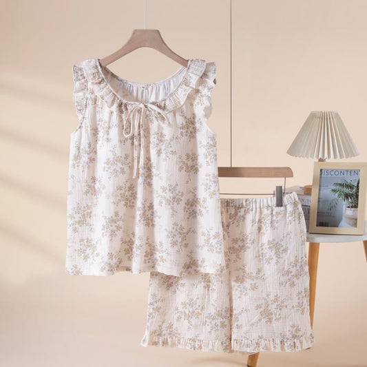 Graceful Floral Cotton Gauze Sleeveless Pajamas - Beige - XL - image 0