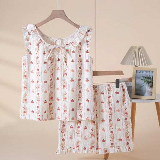 Cherry & Mushroom Cotton Gauze Sleeveless Pajamas - Beige - XL - image 0