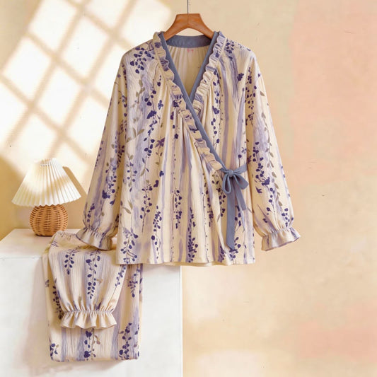 Ruffled Neck Purple Floral Pajama Set - Beige & Purple - XL - image 0