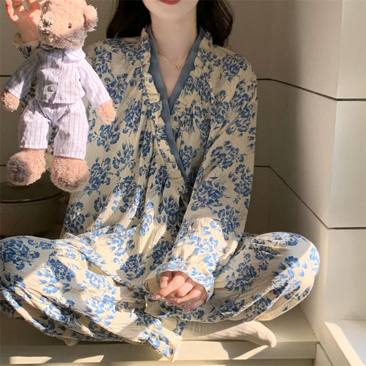 Ruffled Neck Blue Floral Pajama Set - image 1