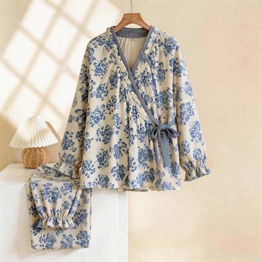 Ruffled Neck Blue Floral Pajama Set - Beige & Blue - XL - image 0