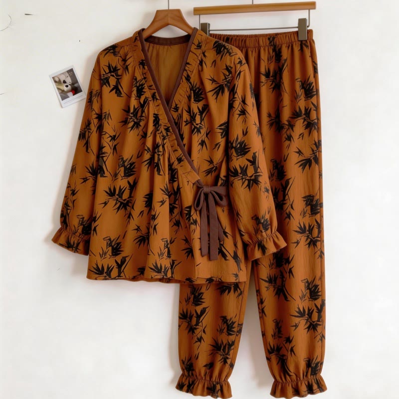 Ruffled Neck Leaf Print Pajama Set - image 8