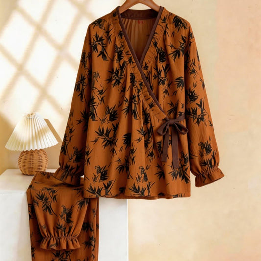Ruffled Neck Leaf Print Pajama Set - Caramel - XL - image 0