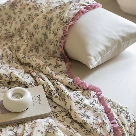 Rustic Floral & Bunny Ruffled Summer Quilt - image 1