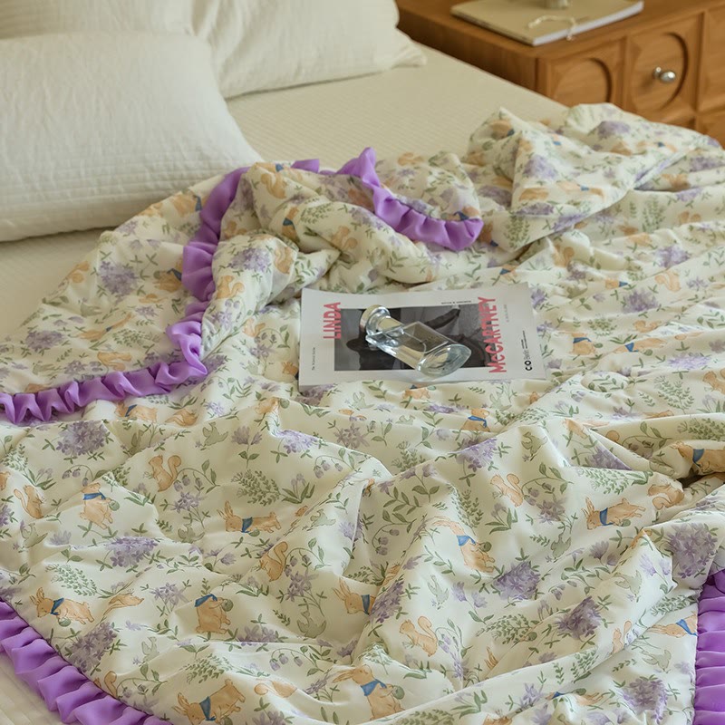 Purple Floral & Bunny Ruffled Summer Quilt - image 2
