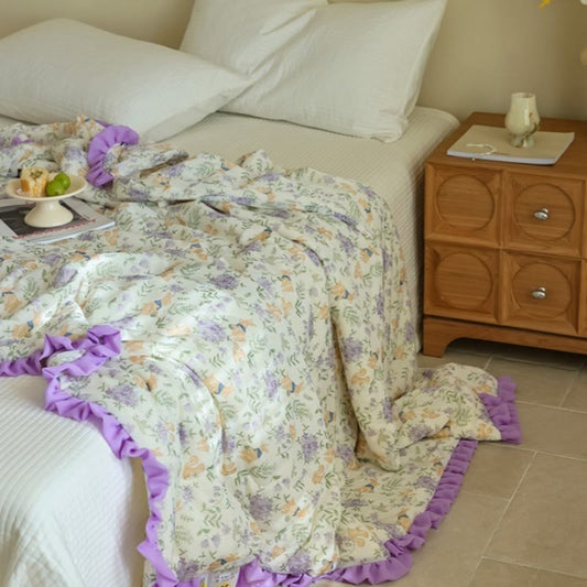 Purple Floral & Bunny Ruffled Summer Quilt - Beige - Queen - image 0