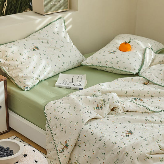 Botanical Leaf & Bunny Cotton Gauze Bedding - Green & Beige - Bedding Set(4PCS) - Queen - image 0