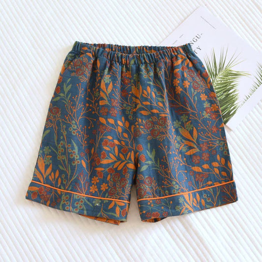 Vintage Leaf Cotton Gauze Pajama Shorts - Blue - 2PCS - XL - image 1