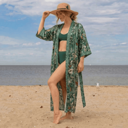 Green Botanical Floral Kimono Style Bathrobe - image 1