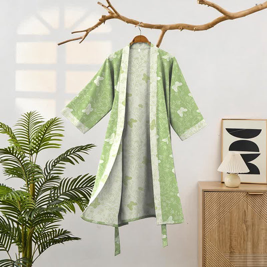 Double Gauze Green Butterfly Cotton Kimono Robe - image 1
