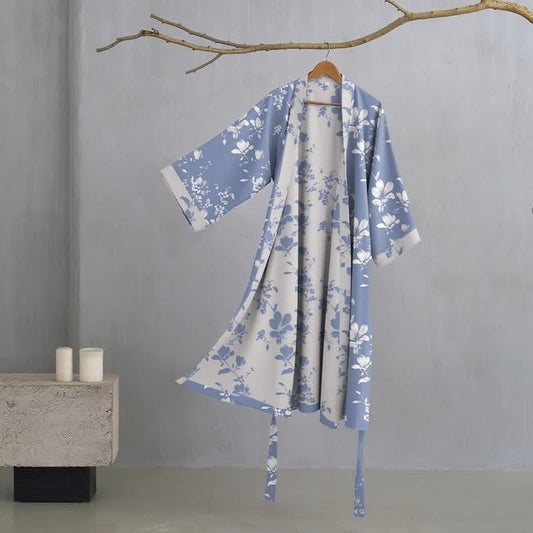 Double Gauze Elegant Floral Cotton Kimono Robe - Blue - XL - image 0