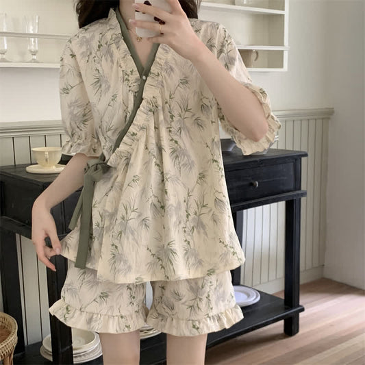 Elegant Bamboo Leaf Ruffle Sleeve Pajamas - image 1