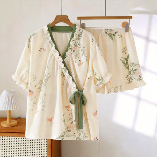 Rustic Butterfly & Leaf Ruffle Sleeve Pajamas - Beige & Green - XXL - image 0