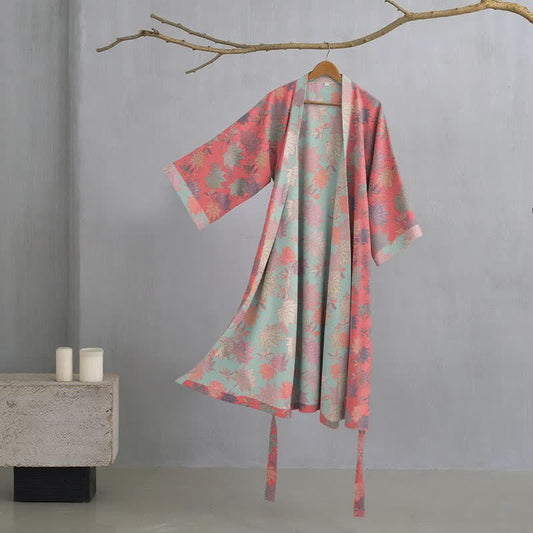 Double Gauze Maple Leaf Cotton Kimono Robe - Pink - XL - image 0
