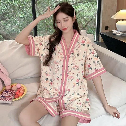 Floral Bunny Short Sleeve Pajama Set - Beige &Pink - 3XL - image 0