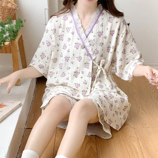 Refresh Floral Kimono Cotton Pajama Set - Beige - XXL - image 1