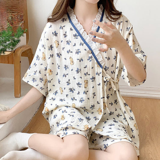Refresh Floral Bunny Kimono Cotton Pajama Set - Beige - XXL - image 1