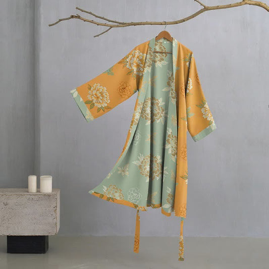 Floral Flourish Yellow Peony Cotton Gauze Kimono Robe - Yellow - XL - image 1